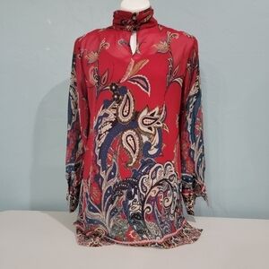 Soft Surroundings Red Blue Tunic Top Paisley‎ Floral Peasant Size S Boho Sheer